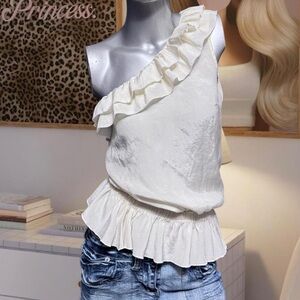 Zeal Vintage Y2K One-Shoulder Frill Ruffle Cream Top